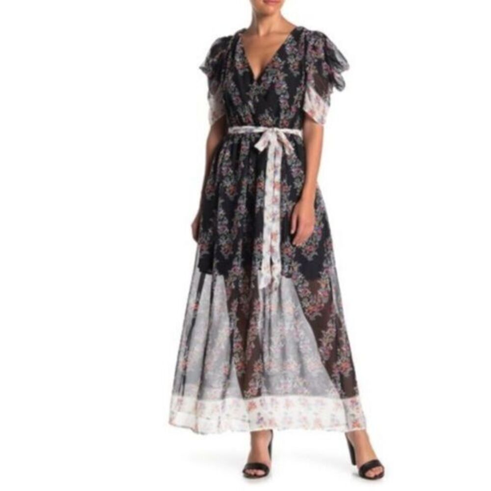 ONE ONE SIX NWT Black Floral Ruffle Sleeves Midi Dress SMALL